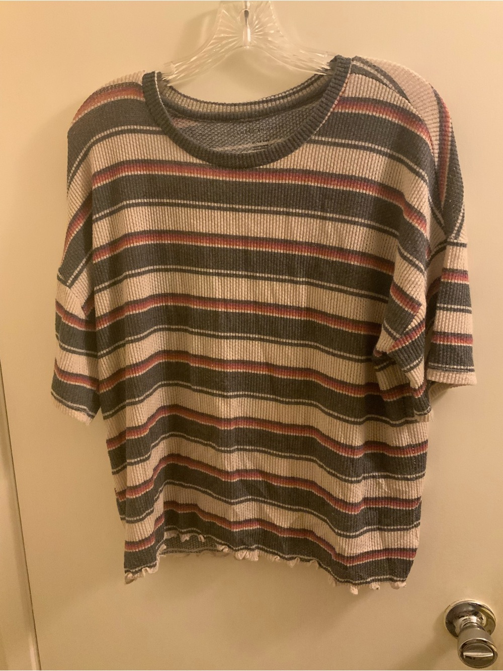 American Eagle Outfitters Striped Short-Sleeve Knit Top - Cream, Gray & Pink